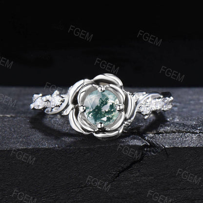 Rose Flower Engagement Ring 5mm Natural Moss Agate Ring Set Twig Vine Moissanite Bridal Set Green Moss Wedding Ring Nature Anniversary Gifts