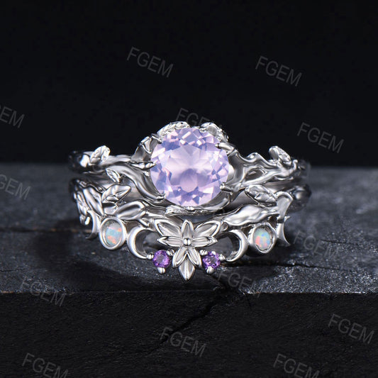 Vintage Round Natural Lavender Amethyst Engagement Ring Leaf Textured Amethyst Opal Bridal Set Celtic Gemstone Ring Valentines Gifts For Her