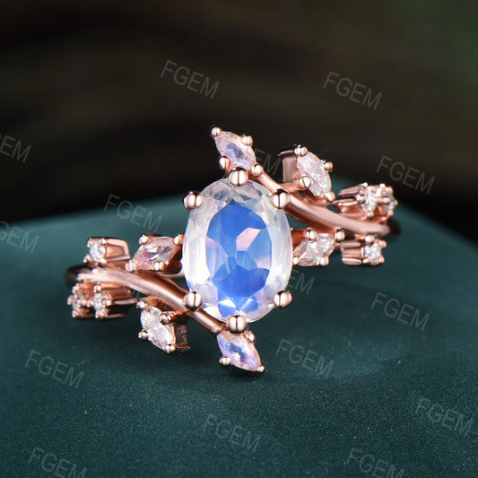 Oval Natural Moonstone Engagement Rings Vintage White Gold Nature Inspired Leaf Cluster Moonstone Moissanite Wedding Ring Anniversary Gifts