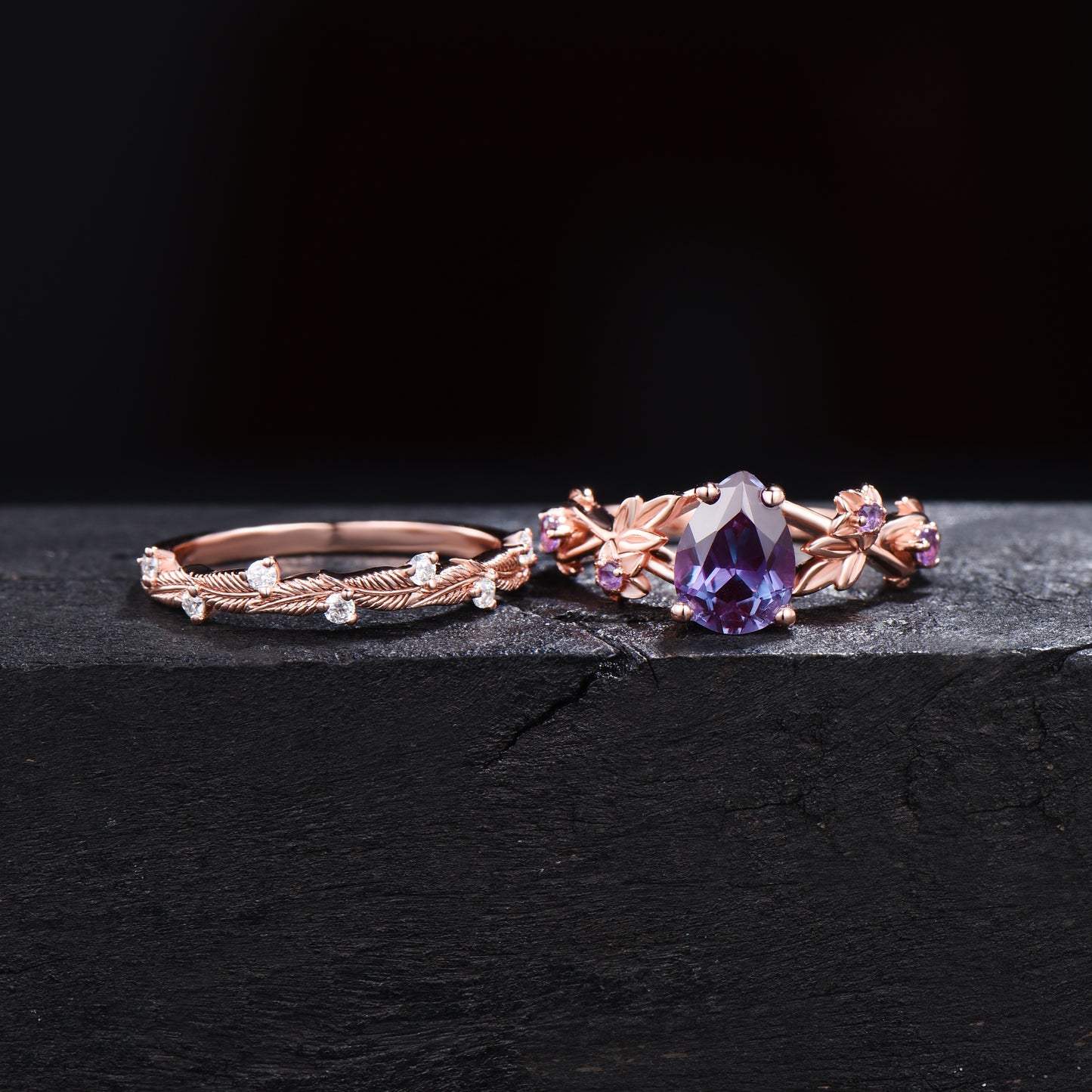 1.25ct Twig Vine Branch Nature Inspired Pear Alexandrite Engagement Ring Set Rose Flower Floral Amethyst Rings Unique June Birthstone Gifts