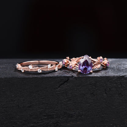 1.25ct Twig Vine Branch Nature Inspired Pear Alexandrite Engagement Ring Set Rose Flower Floral Amethyst Rings Unique June Birthstone Gifts