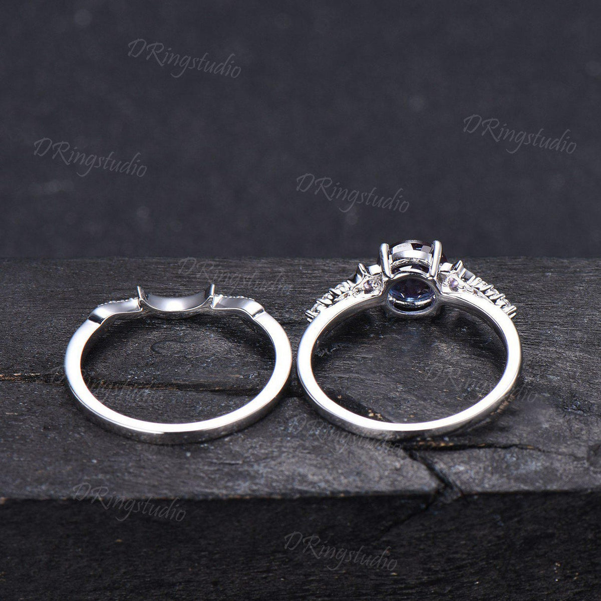 6.5mm Round Fireworks Cut Alexandrite Bridal Ring Set Waxing Crescent Moon Star Amethyst Silver Engagement Ring Color-Change Ring Women Gift