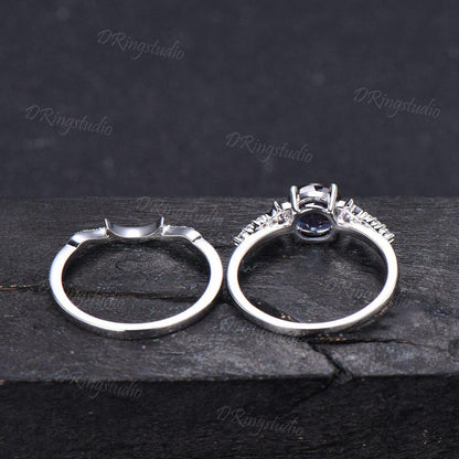 6.5mm Round Fireworks Cut Alexandrite Bridal Ring Set Waxing Crescent Moon Star Amethyst Silver Engagement Ring Color-Change Ring Women Gift