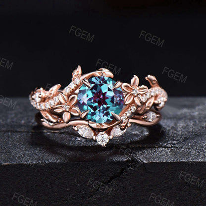 Floral Round Color-Change Alexandrite Ring Set Nature Inspired Leaf Vine Moissanite Alexandrite Bridal Set June Birthstone Bypass Ring Gifts