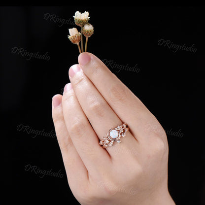Nature Inspired Round White Opal Bridal Ring Set Moissanite Cluster Moon Star Rose Gold Engagement Ring Leaf Vine Crescent Moon Ring for Her