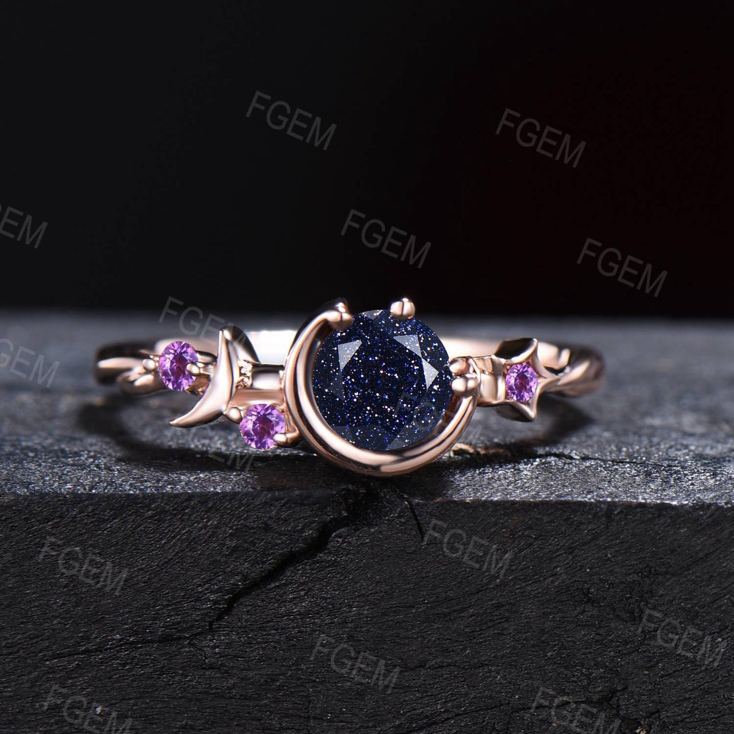 Round Cut Blue Sandstone Engagement Ring Starry Sky Moon Star Cluster Ring Purple Amethyst Celestial Ring Unique Asymmetrical Promise Rings