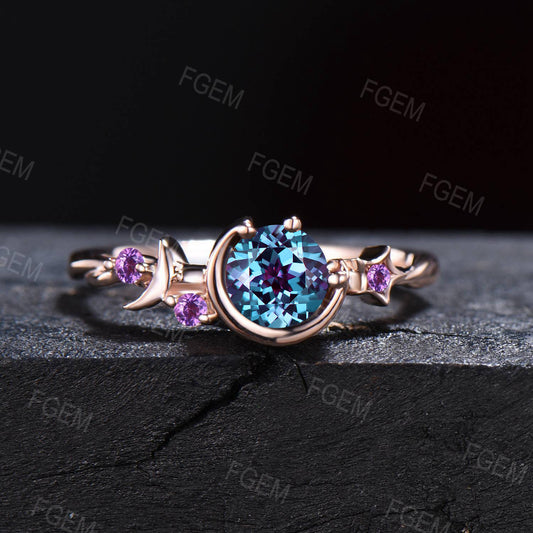 Unique Round Alexandrite Ring Moon Star Cluster Engagement Ring June Birthstone Jewelry Gift Purple Amethyst Ring Asymmetrical Promise Ring