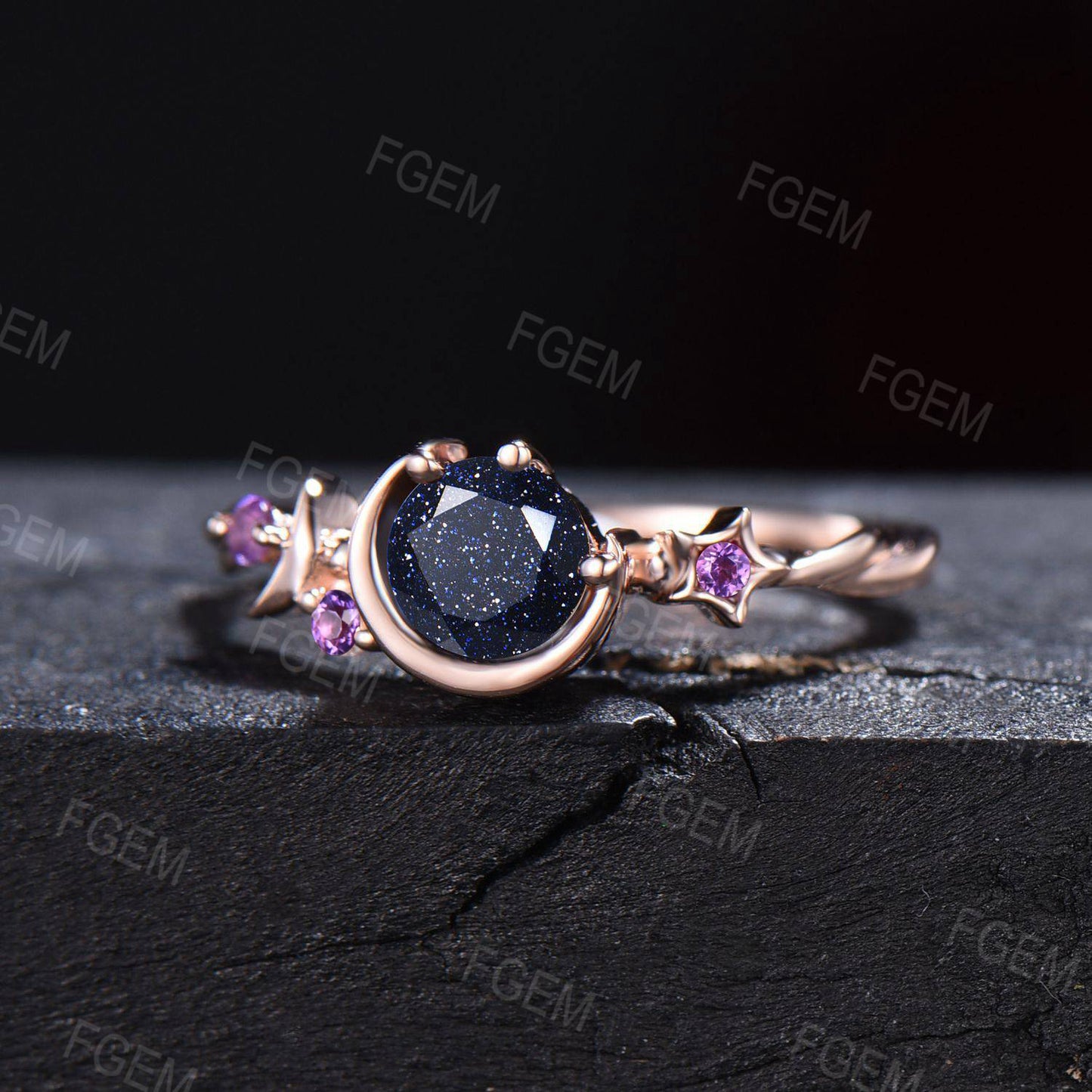 Round Cut Blue Sandstone Engagement Ring Starry Sky Moon Star Cluster Ring Purple Amethyst Celestial Ring Unique Asymmetrical Promise Rings