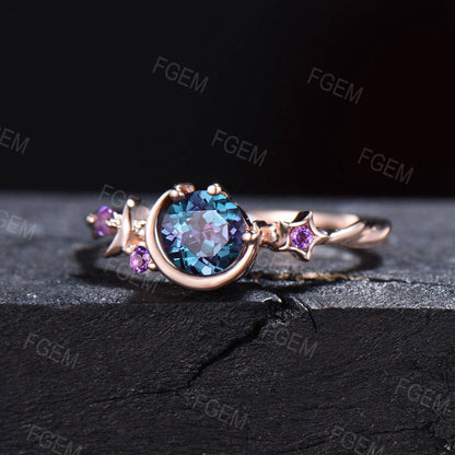 Unique Round Alexandrite Ring Moon Star Cluster Engagement Ring June Birthstone Jewelry Gift Purple Amethyst Ring Asymmetrical Promise Ring