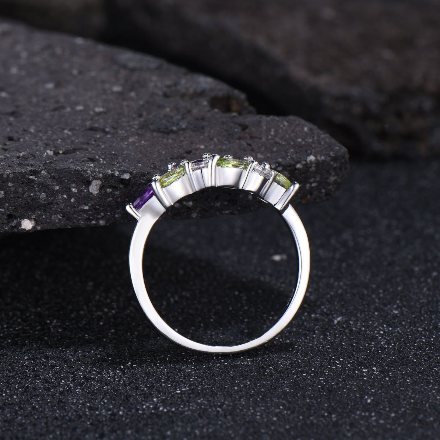 Minimalist Marquise Cut Natural Amethyst Wedding Band Dainty Natural Peridot Cluster Ring Art Deco 14k White Gold Anniversary Gift For Women