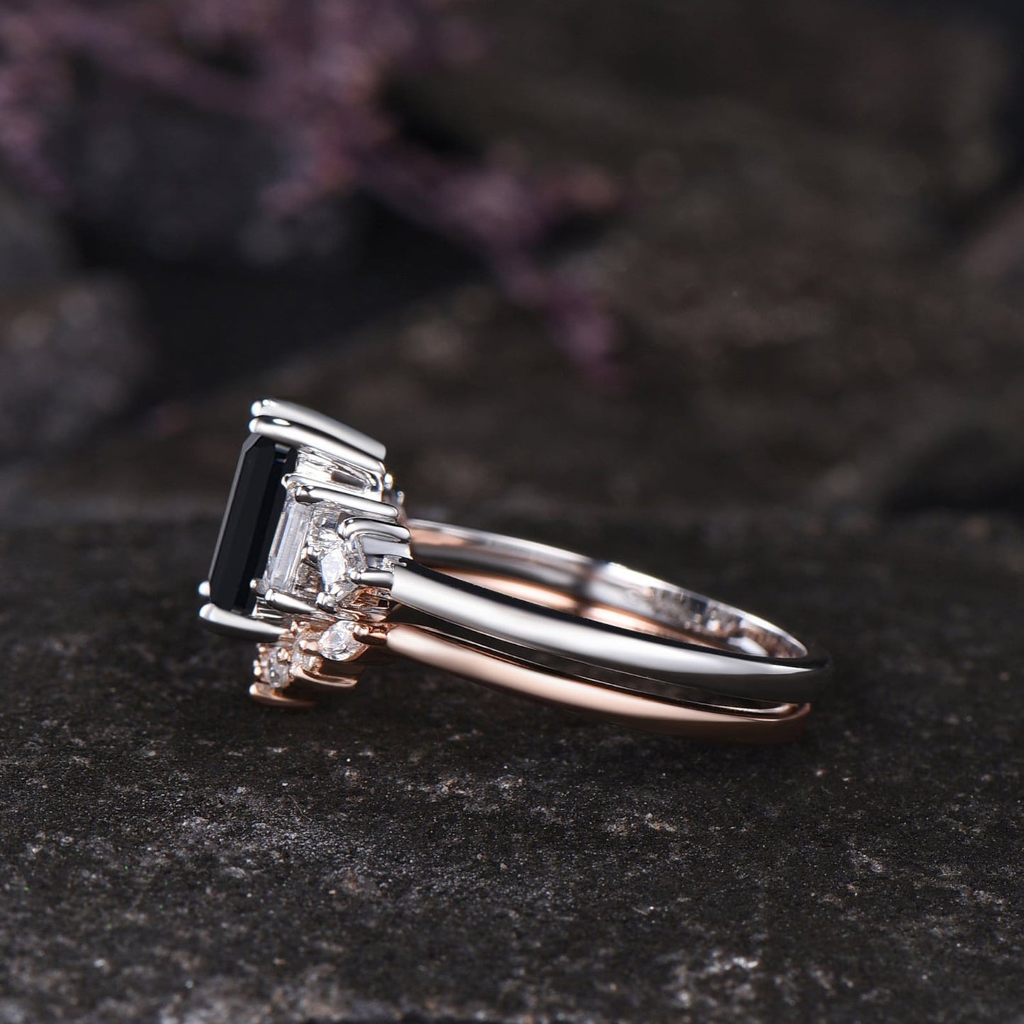 Unique Emerald Shape Black Onyx Engagement Ring Vintage Princess Baguette Moissanite Five Stone Ring Art Deco Contour Nesting Band For Women