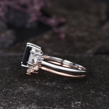 Unique Emerald Shape Black Onyx Engagement Ring Vintage Princess Baguette Moissanite Five Stone Ring Art Deco Contour Nesting Band For Women