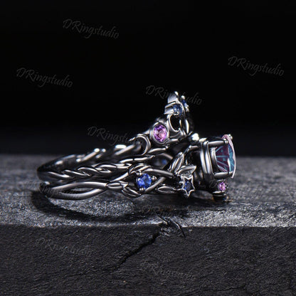 Unique Fireworks Cut Alexandrite Engagement Ring Set Moon Leaf Design Black Gold Amethyst Cluster Wedding Rings Alternative Bridal Gift