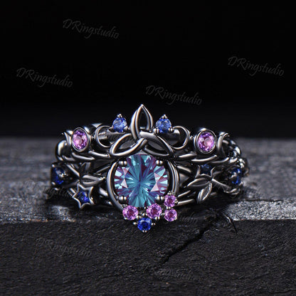 Unique Fireworks Cut Alexandrite Engagement Ring Set Moon Leaf Design Black Gold Amethyst Cluster Wedding Rings Alternative Bridal Gift
