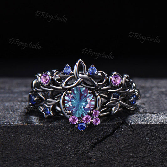 Unique Fireworks Cut Alexandrite Engagement Ring Set Moon Leaf Design Black Gold Amethyst Cluster Wedding Rings Alternative Bridal Gift