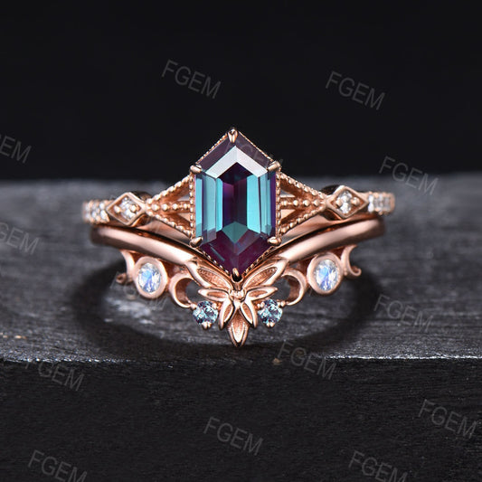 Long Hexagon Color-Change Alexandrite Engagement Ring Set Moonstone Leaf Ring Unique Milgrain Split Shank Alexandrite Bridal Set Women Gifts