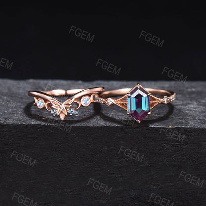 Long Hexagon Color-Change Alexandrite Engagement Ring Set Moonstone Leaf Ring Unique Milgrain Split Shank Alexandrite Bridal Set Women Gifts