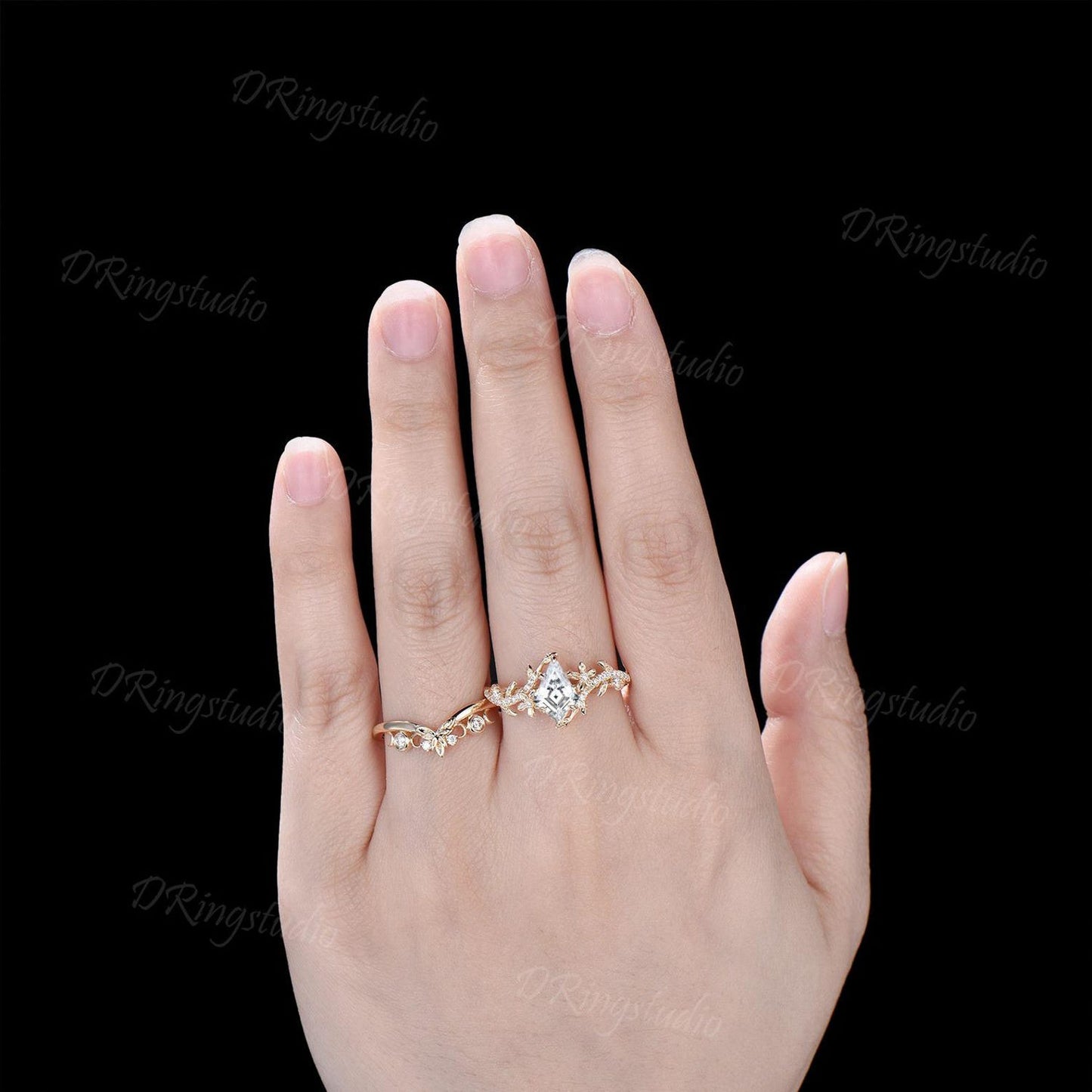 Kite Cut Lab Grown Diamond Engagement Ring 14k Yellow Gold Leaf Moon Wedding Ring Set Floral Diamond Ring IGI Certified Diamond Promise Ring
