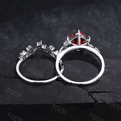 Natural Garnet Engagement Ring Set Twist Twig Vine Princess Cut Garnet Ring Moon Star Black Spinel Wedding Ring January Birthstone Jewelry