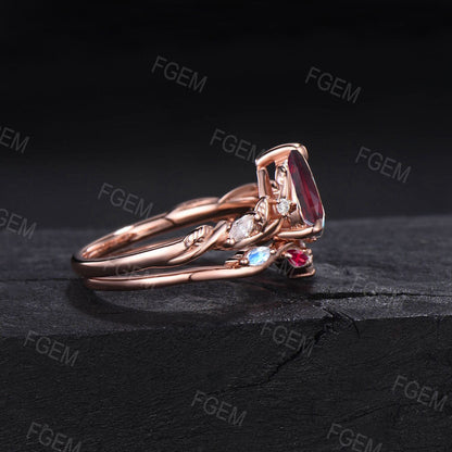 Nature Inspired Red Ruby Gemstone Jewelry 10K Rose Gold Twist Vine Ruby Moonstone Engagement Ring Set Anniversary Ring July Birthstone Gift