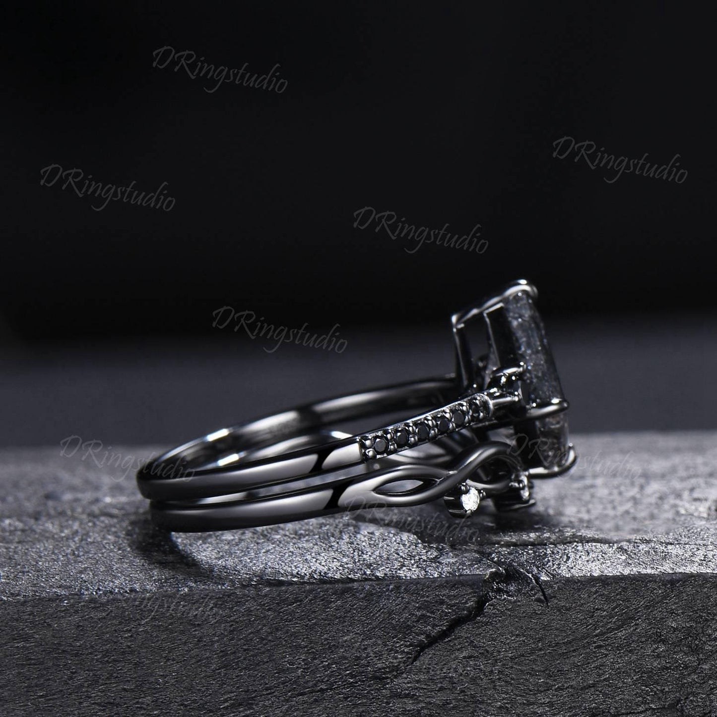 Retro Kite Black Rutilate Quartz Engagement Ring,Vintage Black Silver Ring Set,Unique Black Spinel Diamond Promise Ring Anniversary Gift