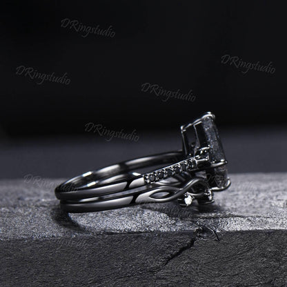 Retro Kite Black Rutilate Quartz Engagement Ring,Vintage Black Silver Ring Set,Unique Black Spinel Diamond Promise Ring Anniversary Gift