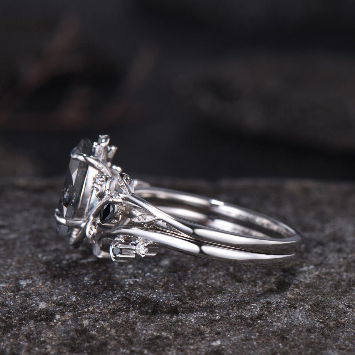 Marquise Cut Natural Salt And Pepper Diamond Engagement Ring Set Moon Vine 14k White Gold Black Spinel Bridal Wedding Ring Set
