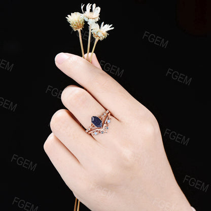 Vintage Milgrain Ring Set Long Hexagon Blue Sandstone Engagement Ring 3 Row Split Blue Goldstone Moonstone Ring Moon Leaf Ring Proposal Gift