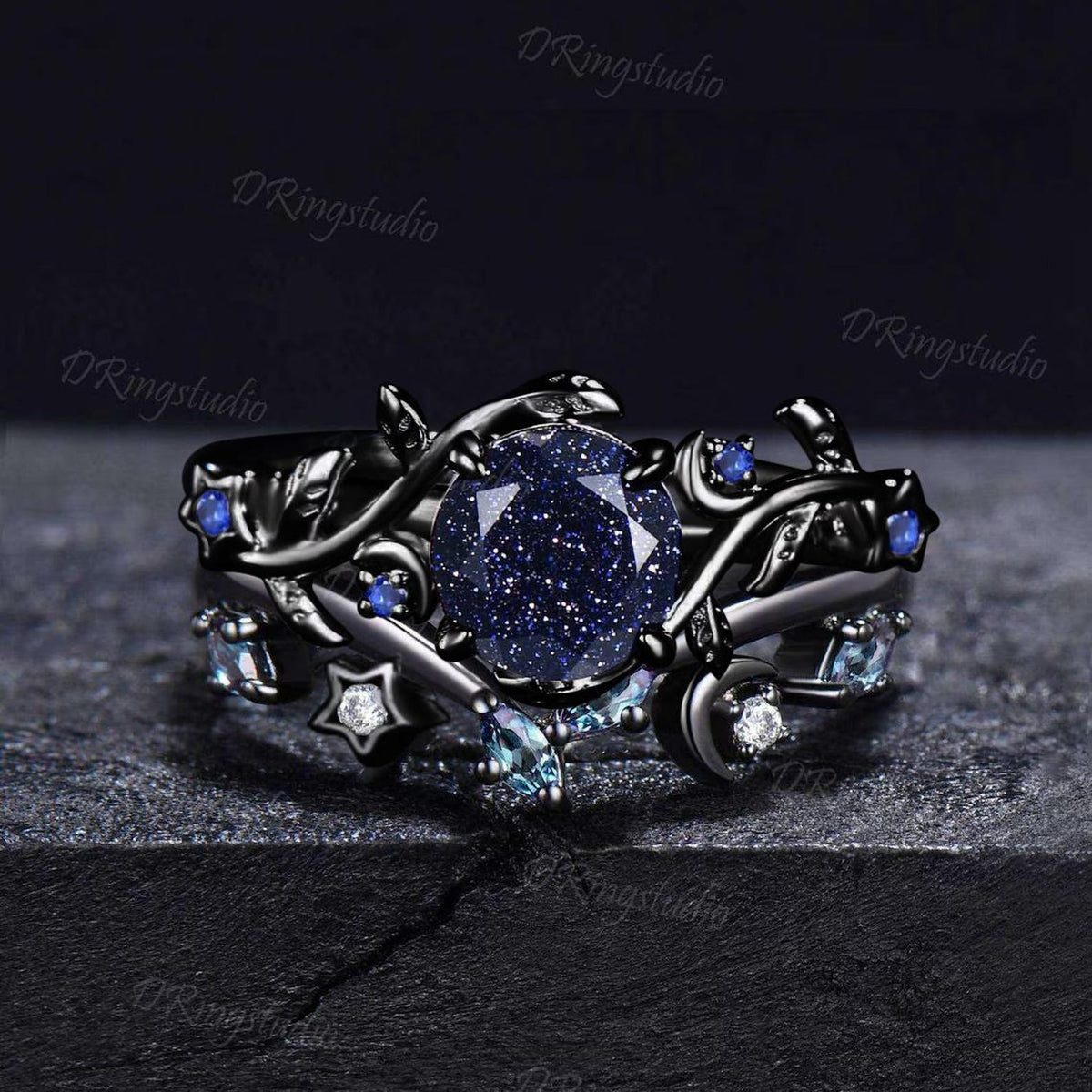 Celestial Moon Round Blue Sandstone Engagement Ring Set Nature Inspired Star Leaf Sapphire Promise Ring Black Gold Nebula Ring for Women