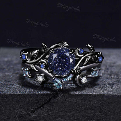 Celestial Moon Round Blue Sandstone Engagement Ring Set Nature Inspired Star Leaf Sapphire Promise Ring Black Gold Nebula Ring for Women
