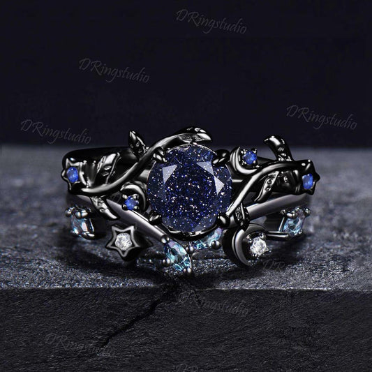 Celestial Moon Round Blue Sandstone Engagement Ring Set Nature Inspired Star Leaf Sapphire Promise Ring Black Gold Nebula Ring for Women