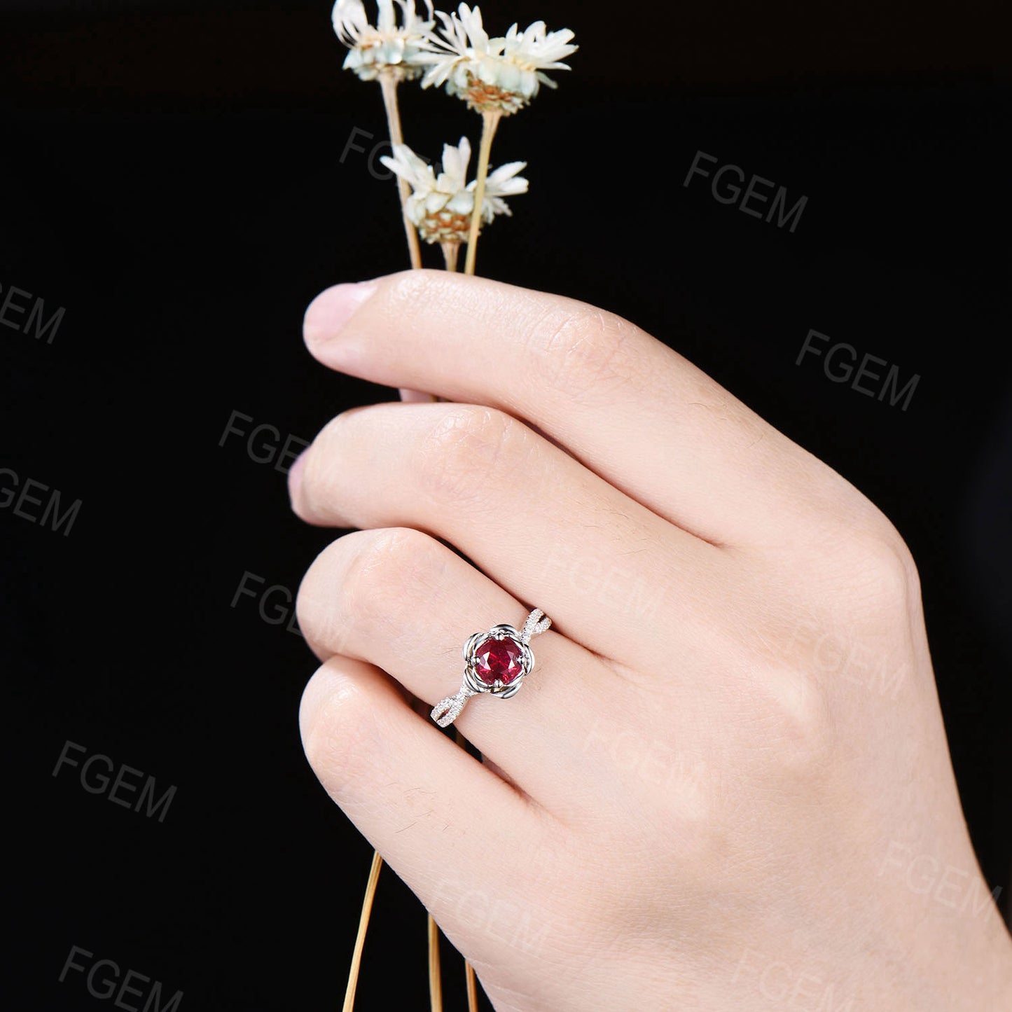 5mm Round Red Ruby Engagement Ring 10K White Gold Twig Leaf Rose Flower Ruby Infinity Twist Engagement Rings July Birthstone Birthday Gifts