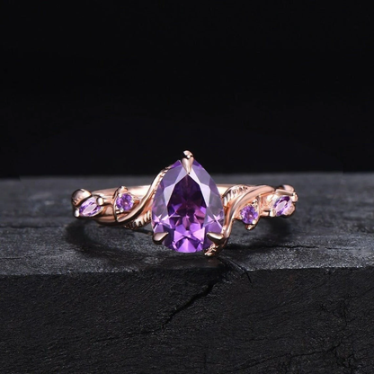 Twist Leaf Natural Amethyst Bridal Set February Birthstone 1.25ct Pear Shaped Nature Inspired Amethyst Ring Set Purple Crystal Wedding Ring