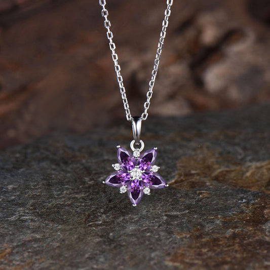 Minimalist Pear Cut Natural Amethyst Cherry Necklace Unique Flower Pendant Delicate February Birthstone Purple Crystal Necklace