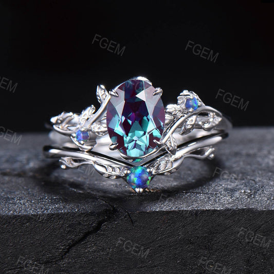 Oval Alexandrite Blue Opal Bridal Ring Set Branch Leaf Vine Color-Change Alexandrite Engagement Ring Unique Wedding Anniversary Gifts