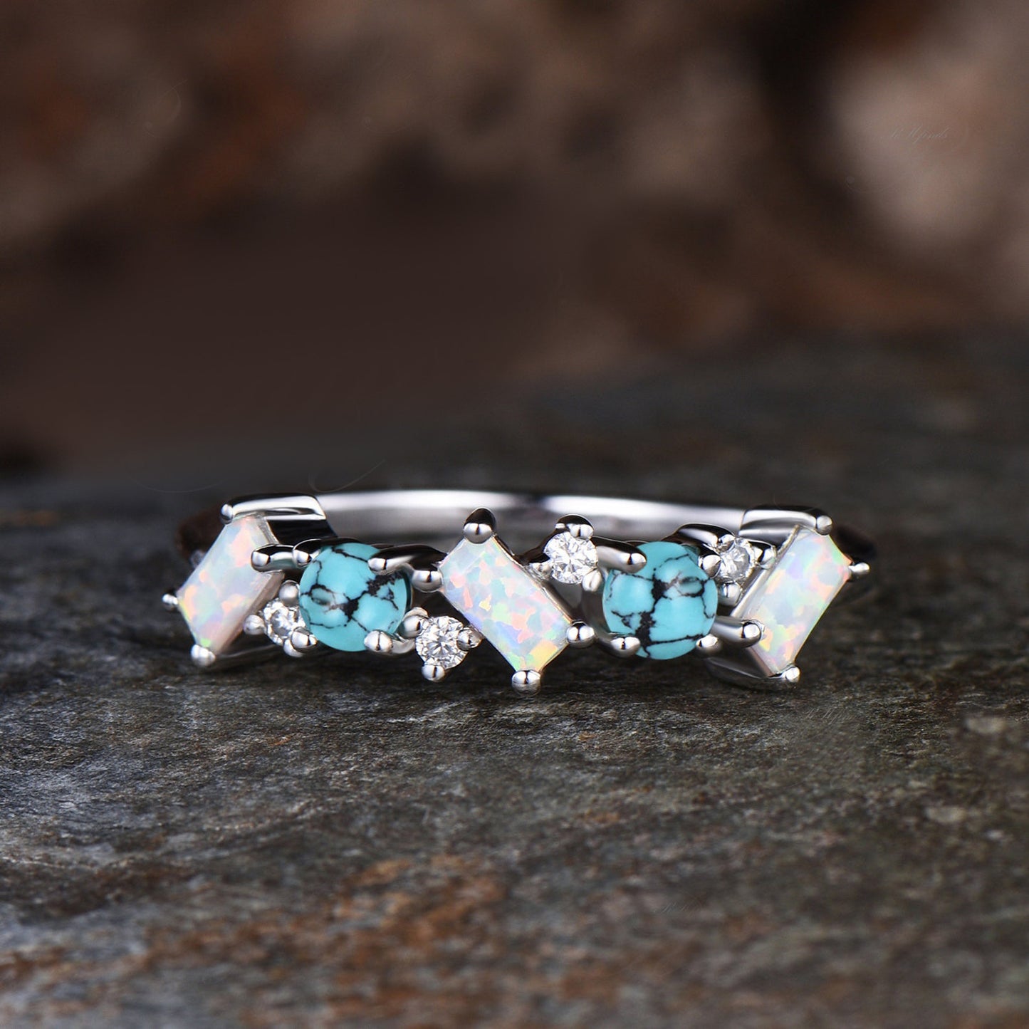 Vintage Opal Turquoise Wedding Band Unique Cluster Wedding Ring Antique October Birthstone December Birthstone Promise Birthday Jewelry Gift