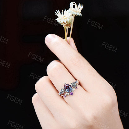 Nature Style Color-Change Alexandrite Engagement Ring Set Floral Pear Alexandrite Bridal Set Branch Leaf Amethyst Ring June Birthstone Gifts