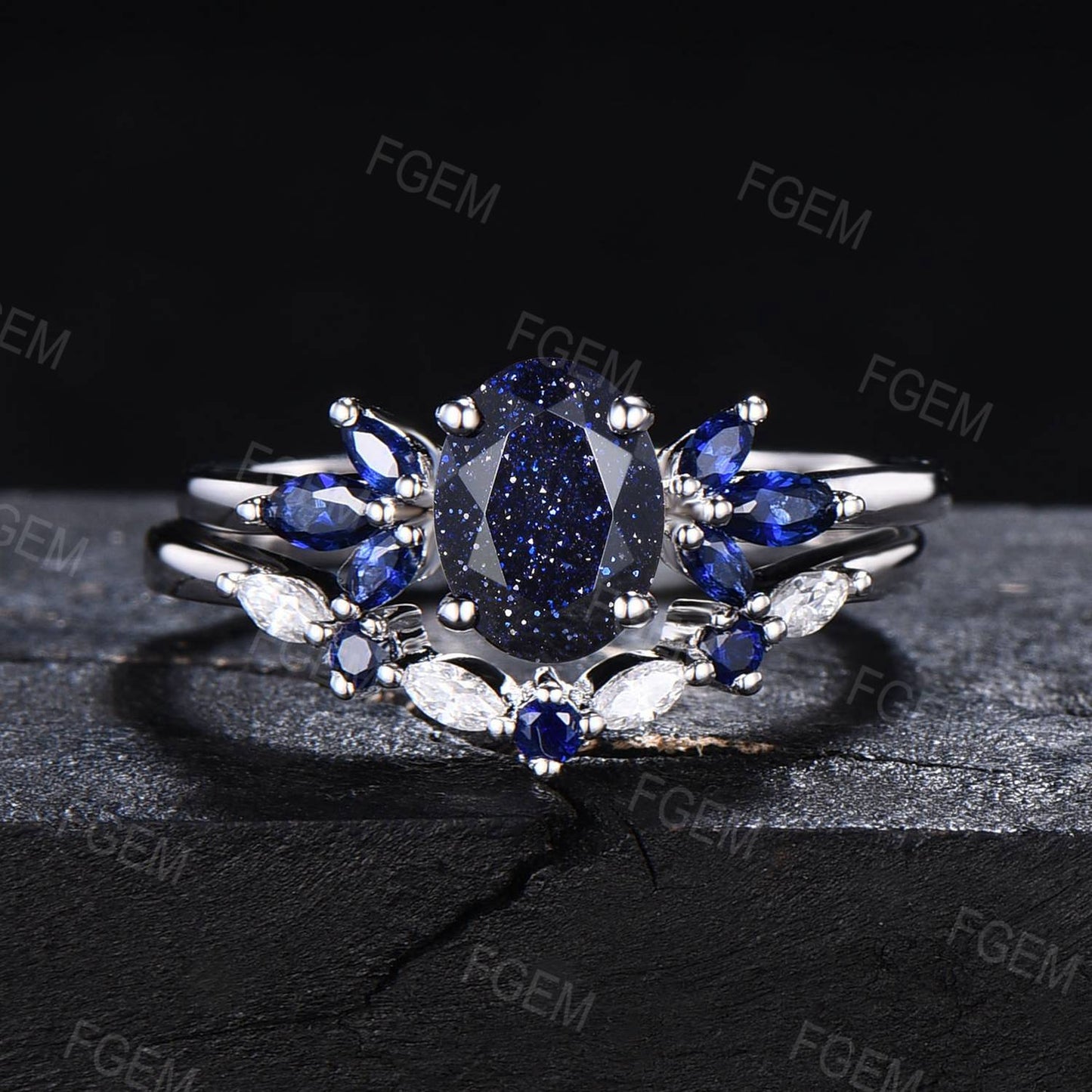 1.5ct Oval Blue Sandstone Ring Set Anniversary Gift for Wife Sterling Silver Ring With Stone Galaxy Blue Goldstone Blue Sapphire Moissanite Wedding Ring