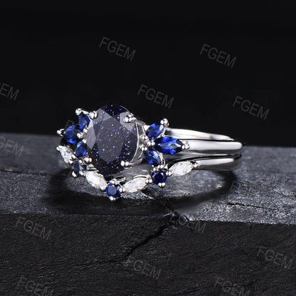 1.5ct Oval Blue Sandstone Ring Set Anniversary Gift for Wife Sterling Silver Ring With Stone Galaxy Blue Goldstone Blue Sapphire Moissanite Wedding Ring