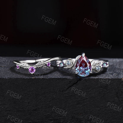 Nature Style Color-Change Alexandrite Engagement Ring Set Floral Pear Alexandrite Bridal Set Branch Leaf Amethyst Ring June Birthstone Gifts