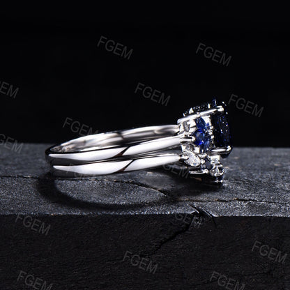 1.5ct Oval Blue Sandstone Ring Set Anniversary Gift for Wife Sterling Silver Ring With Stone Galaxy Blue Goldstone Blue Sapphire Moissanite Wedding Ring