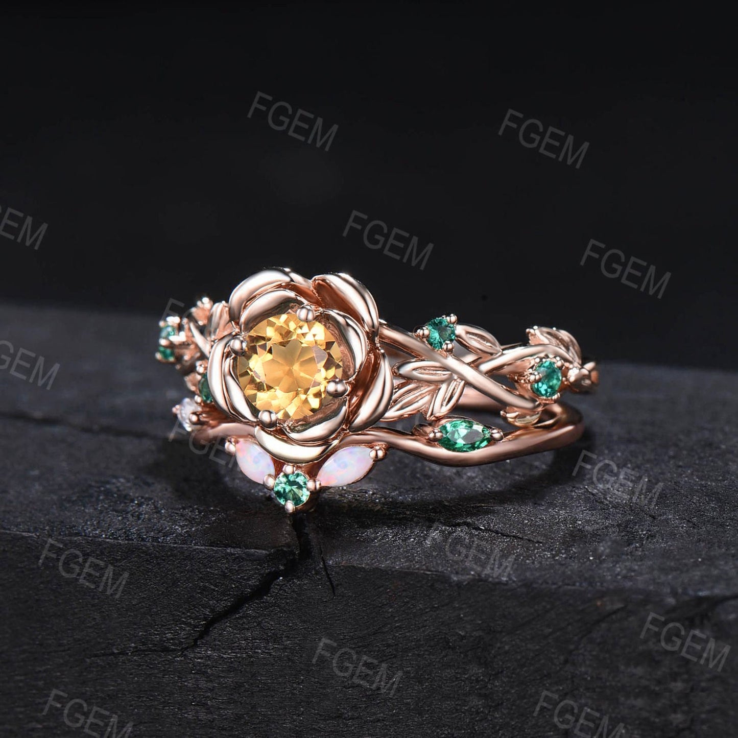 5MM Round Cut Nature Inspired Rose Flower Natural Yellow Citrine Emerald Engagement Ring Set Emerald Opal Floral Wedding Ring Set for Women