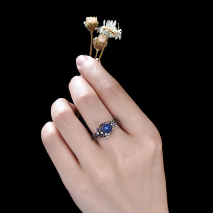 Celestial Crescent Moon Round Star Blue Sapphire Engagement Ring Star Cluster Design 14k White Gold Shooting Star Proposal Anniversary Gift