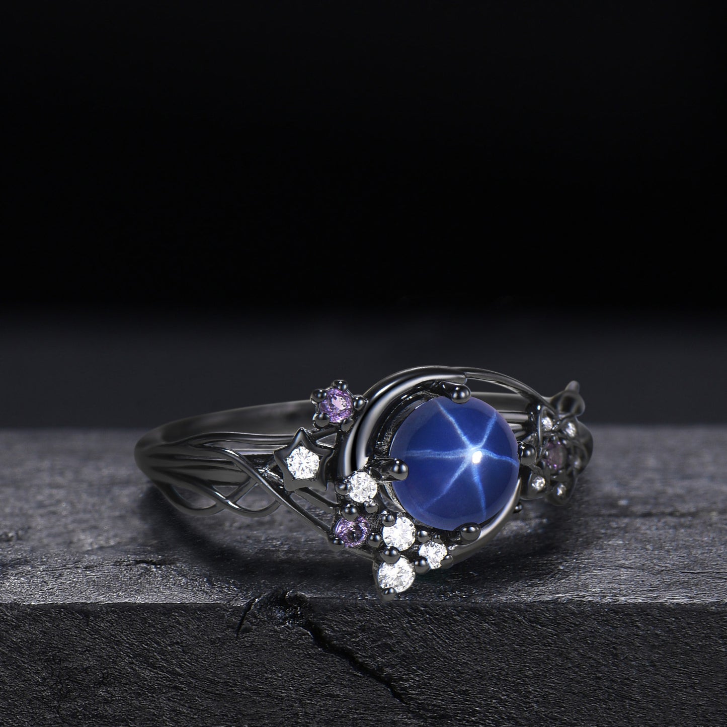 Celestial Crescent Moon Round Star Blue Sapphire Engagement Ring Star Cluster Design 14k White Gold Shooting Star Proposal Anniversary Gift