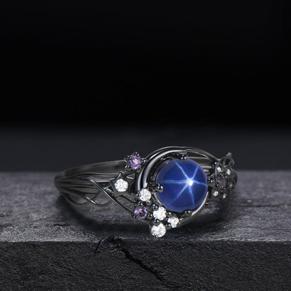 Celestial Crescent Moon Round Star Blue Sapphire Engagement Ring Star Cluster Design 14k White Gold Shooting Star Proposal Anniversary Gift