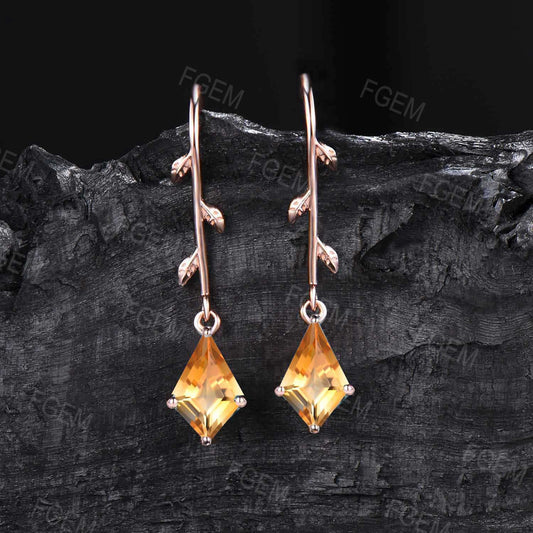 Vintage Kite Citrine Drop Earrings Rose Gold Leaf Earrings Nature Inspired Crystal Gemstone Earrings November Birthstone Jewelry Women Gifts