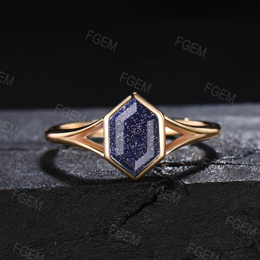 Unique Long Hexagon Cut Blue Sandstone Solitaire Ring Vintage 14K Yellow Gold Galaxy Blue Goldstone Engagement Ring Art Deco Handmade Gifts