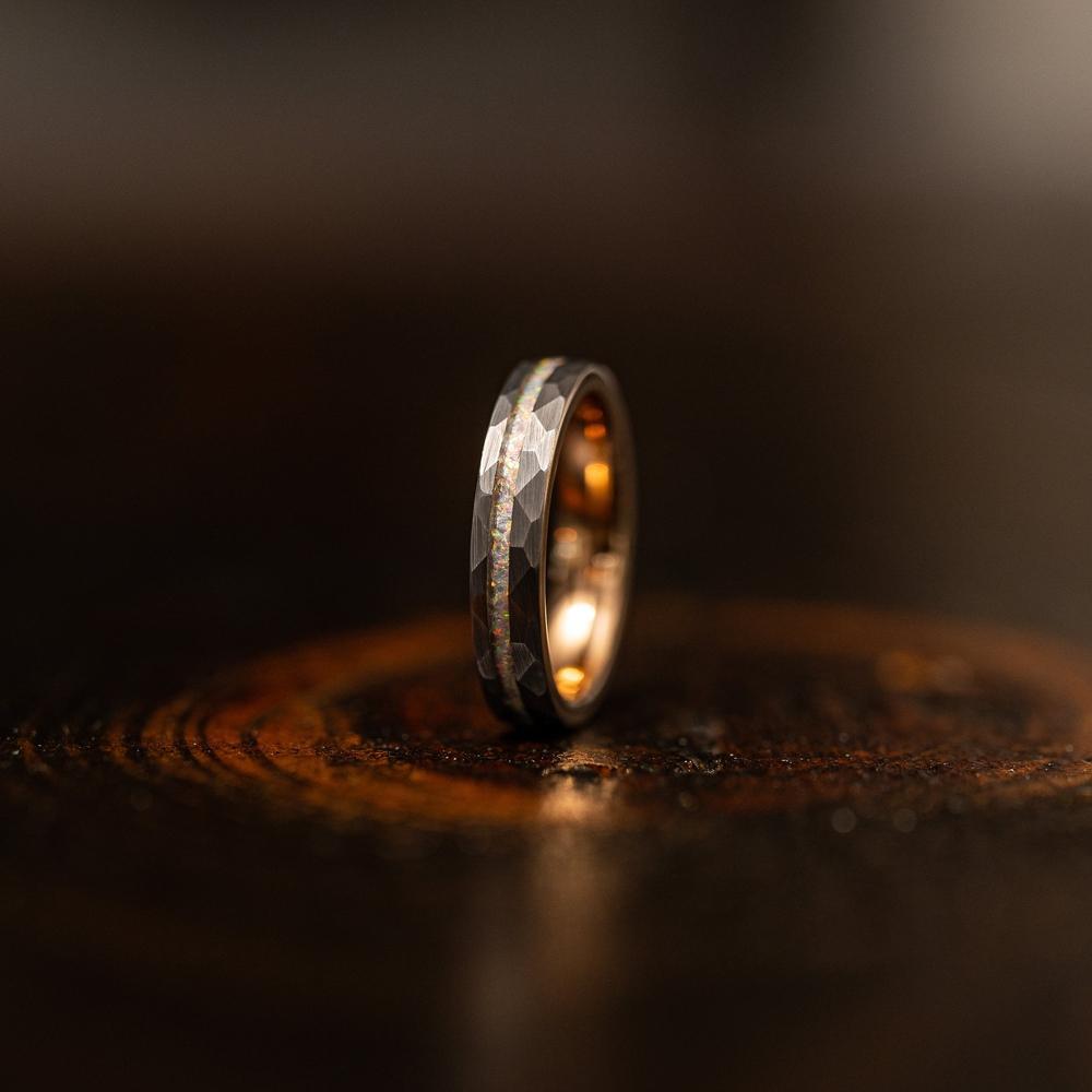 Hammered Opal Tungsten Wedding Band: Meteorite Whiskey Barrel Ring Never Fade Men Ring