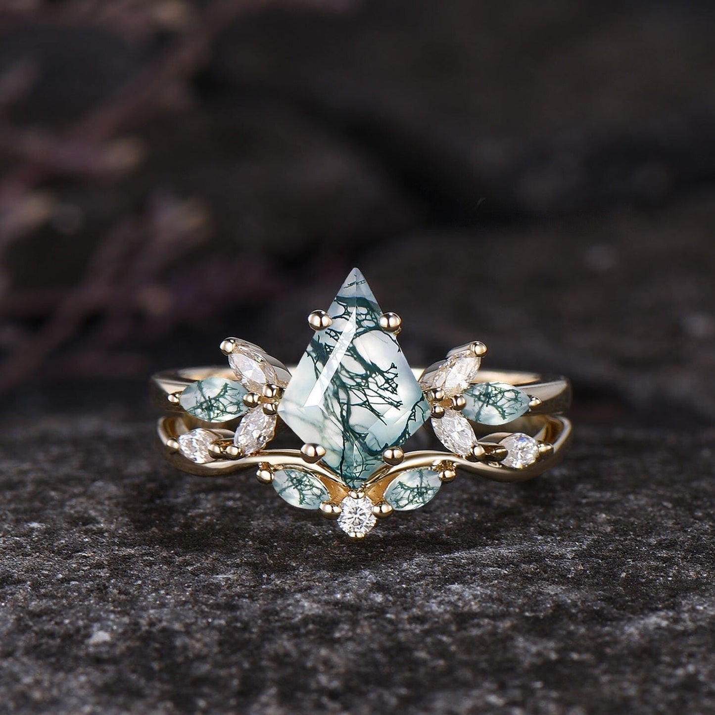 Kite Cut Green Moss Agate Engagement Ring Set Unique Marquise Natural Green Gemstone Cluster Ring 925 Sterling Silver 2pcs Bridal Ring Set