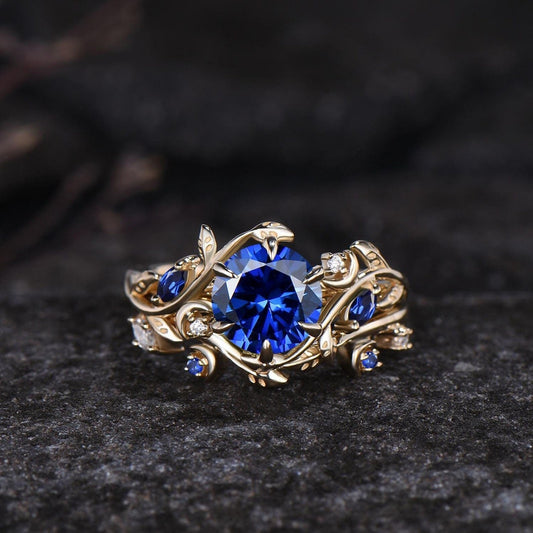 Round Cut Blue Sapphire Engagement Ring Set Unique Leaf Nature Inspired Ring Moon Ring Art Deco September Birthstone Bridal Ring